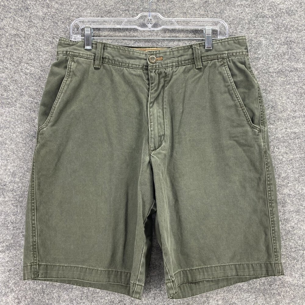 Timberland Bermuda Shorts Men Green Khaki 33 Flat Front Mid-Rise Denim Pockets